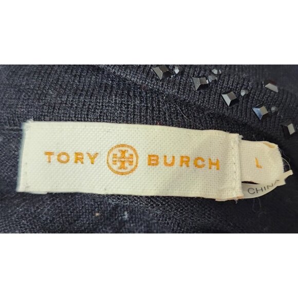 Tory Burch Merino Wool Beaded Tunic Top Black L Embellished V-Neck Long Sleeve - Picture 8 of 14